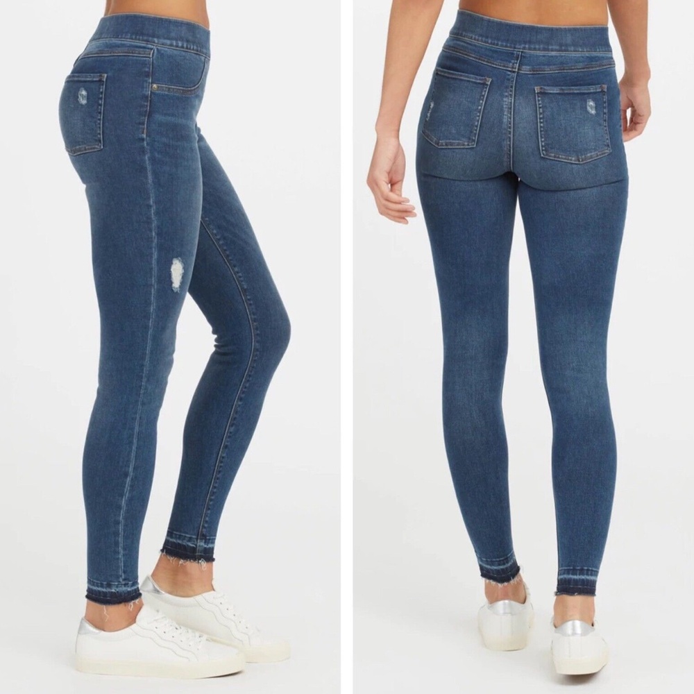 Spanx Womens Skinny Jeans Sz Small Wash Distressed Blue Ankle Stretchy Travel